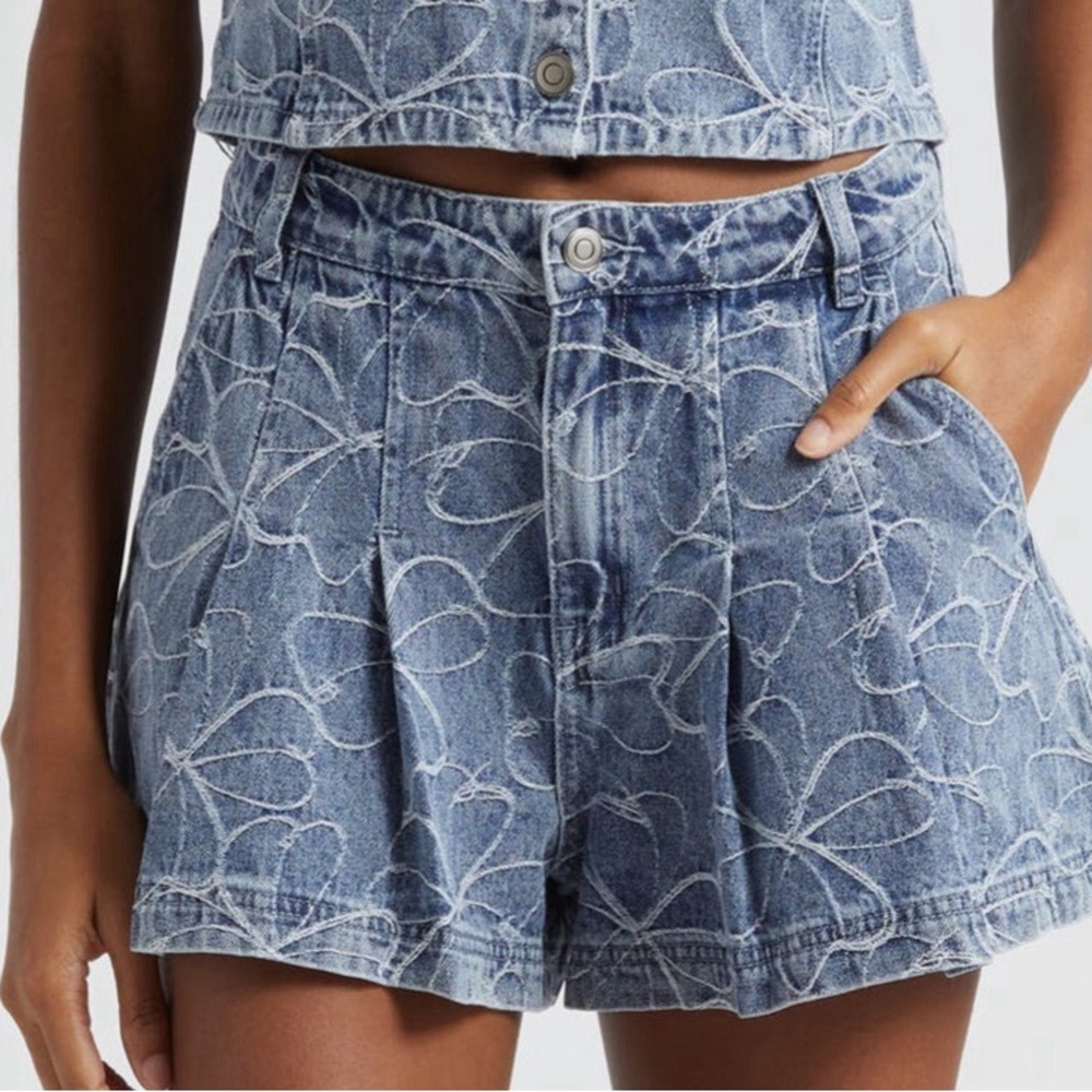 Ramy Brook Wilder Florish-Embroidered Denim Shorts